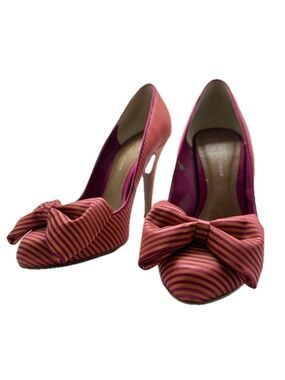 Kurt Geiger Carvela Gold Pink Striped Satin Shoes Statement Bow 4 " Heels 7 (38)